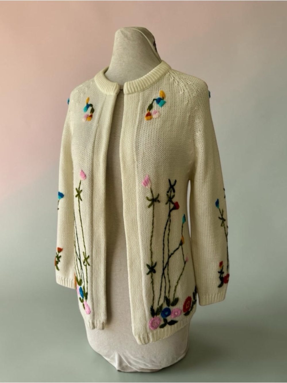 Vtg Miss Holly Floral Embroidered Cottagecore Granny Open Front Cardigan Small
